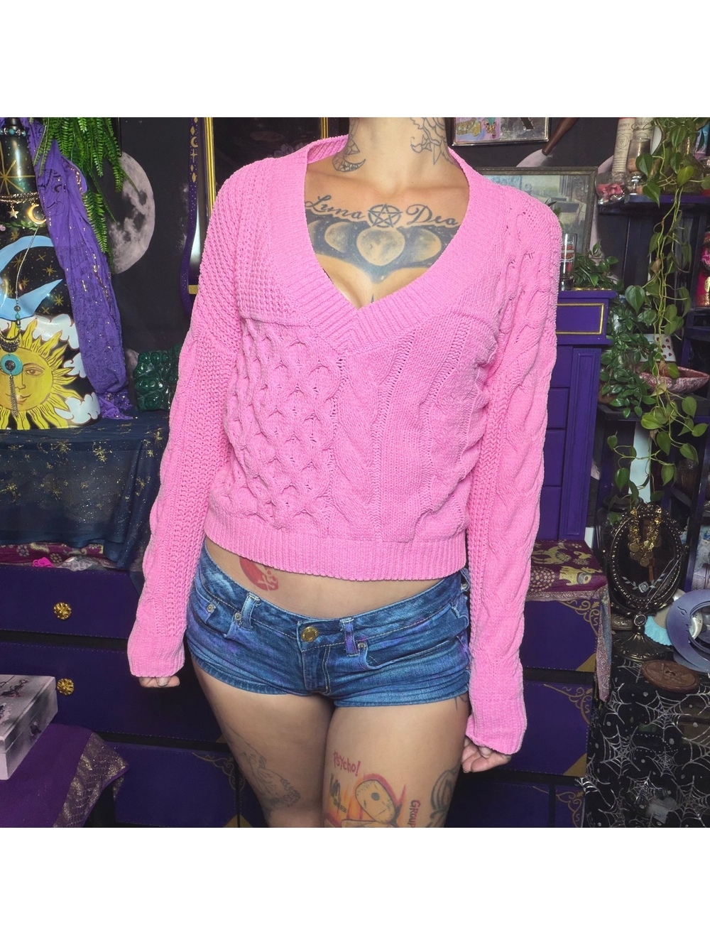No Boundaries Pink Patchwork Multi Knit Pattern V Neck Sweater Small